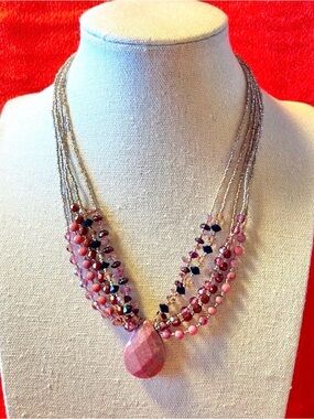 Rachel Reinhardt NY Multi Strand Pink Beaded Necklace Rhodonite Gemstone Pendant